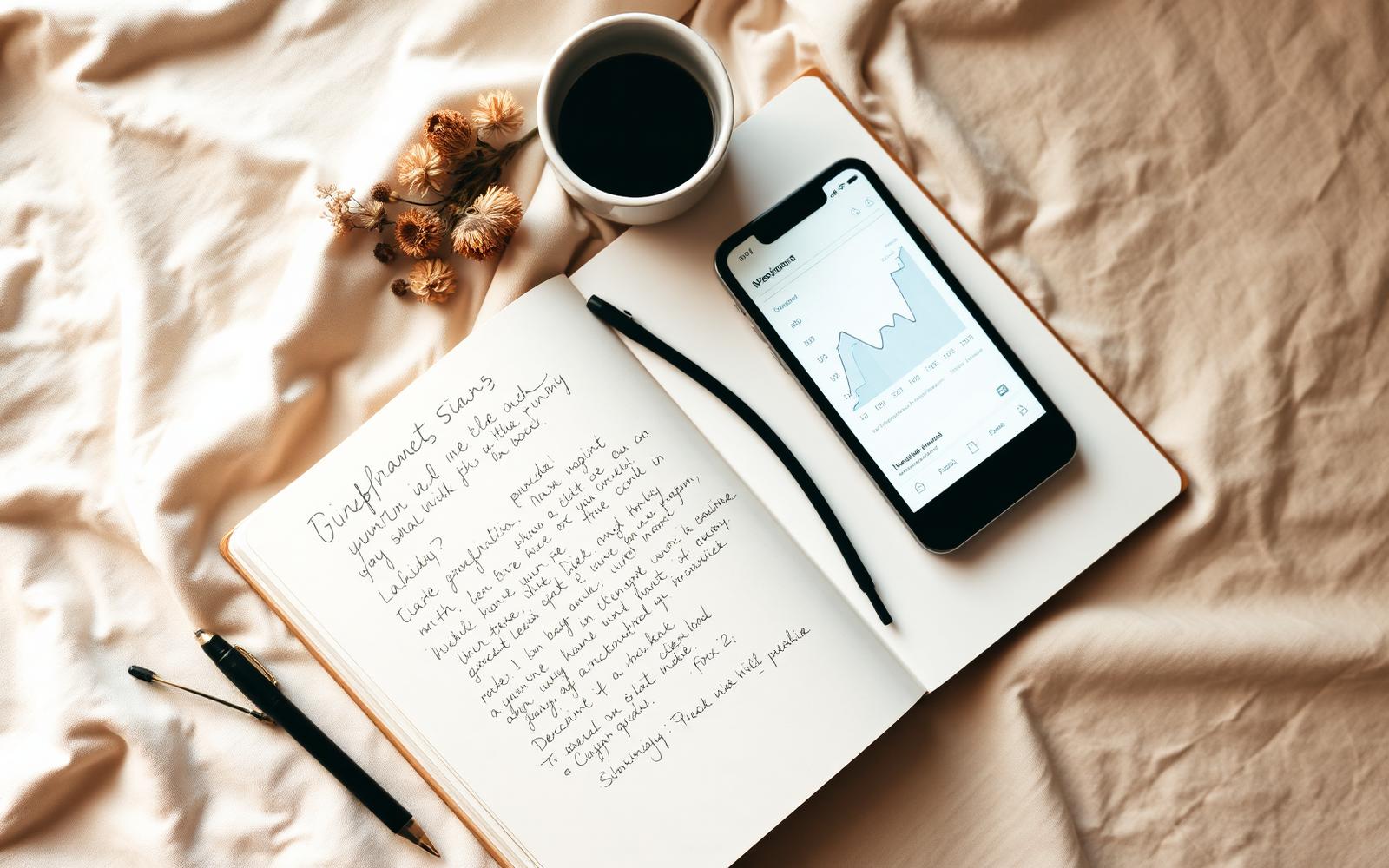 An open notebook, coffee, and phone showing an analytics chart on warm cream linen.